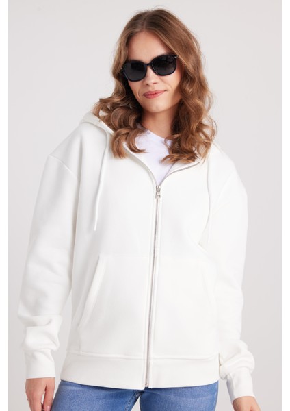 Kadın Relax Fit Rahat Kesim Pamuklu Içi Polarlı Çift Cepli Fermuarlı Beyaz Kapüşonlu Sweatshirt indirimleri