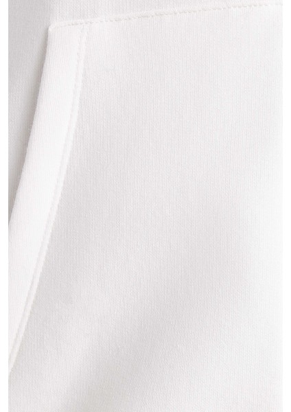 Kadın Relax Fit Rahat Kesim Pamuklu Içi Polarlı Çift Cepli Fermuarlı Beyaz Kapüşonlu Sweatshirt
