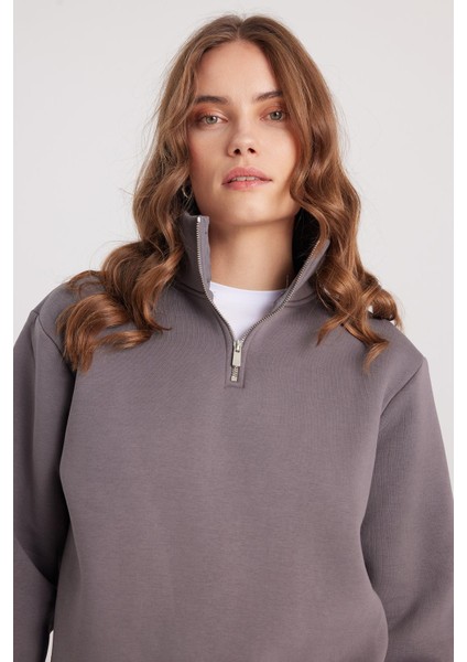 Kadın Relax Fit Rahat Kesim Pamuklu Içi Polarlı Yarım Fermuarlı Gri Dik Yaka Sweatshirt fiyatları