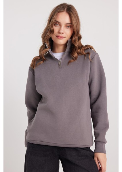 Kadın Relax Fit Rahat Kesim Pamuklu Içi Polarlı Yarım Fermuarlı Gri Dik Yaka Sweatshirt indirimleri