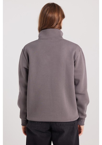 Kadın Relax Fit Rahat Kesim Pamuklu Içi Polarlı Yarım Fermuarlı Gri Dik Yaka Sweatshirt