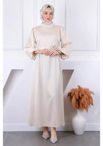 Kemeri Gül Detaylı Saten Tesettür Abiye- Bej fiyatları