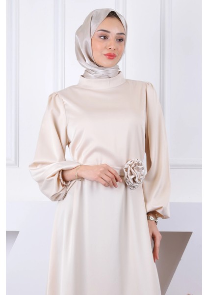 Kemeri Gül Detaylı Saten Tesettür Abiye- Bej fırsatları