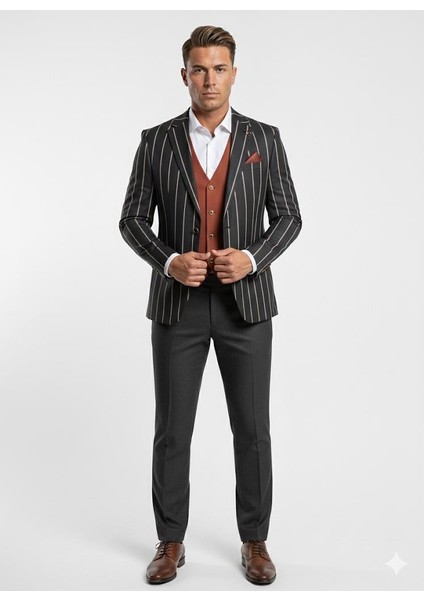 Erkek Çizgili Takım Elbise 3’lü Set – Ceket + Yelek + Pantolon – Slim Fit Italyan Tarz