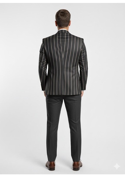 Erkek Çizgili Takım Elbise 3’lü Set – Ceket + Yelek + Pantolon – Slim Fit Italyan Tarz fiyatları