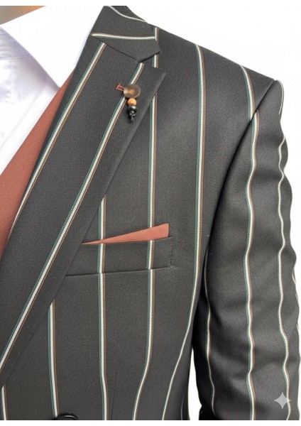 Erkek Çizgili Takım Elbise 3’lü Set – Ceket + Yelek + Pantolon – Slim Fit Italyan Tarz modelleri