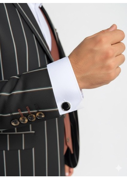 Erkek Çizgili Takım Elbise 3’lü Set – Ceket + Yelek + Pantolon – Slim Fit Italyan Tarz fırsatları