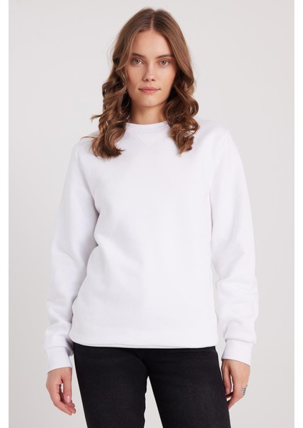 Kadın Oversize Geniş Kesim %100 Pamuk Basic Beyaz Bisiklet Yaka Sweatshirt fırsatları