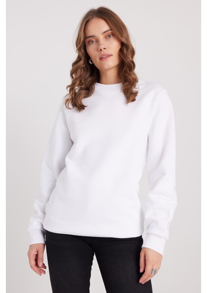 Kadın Oversize Geniş Kesim %100 Pamuk Basic Beyaz Bisiklet Yaka Sweatshirt indirimleri