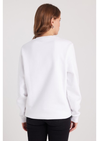 Kadın Oversize Geniş Kesim %100 Pamuk Basic Beyaz Bisiklet Yaka Sweatshirt