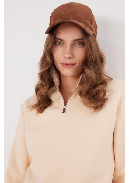 Kadın Relax Fit Rahat Kesim Pamuklu Içi Polarlı Yarım Fermuarlı Ekru Dik Yaka Sweatshirt fiyatları