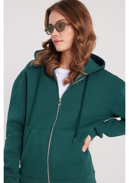 Kadın Relax Fit Rahat Kesim Pamuklu Içi Polarlı Çift Cepli Fermuarlı Yeşil Kapüşonlu Sweatshirt indirimleri