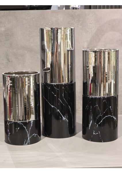 3 Lü Mermer Desenli Mumluk Siyah Krom