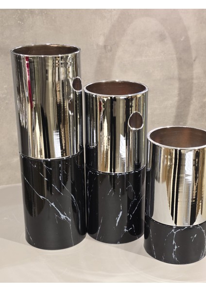 3 Lü Mermer Desenli Mumluk Siyah Krom fiyatları