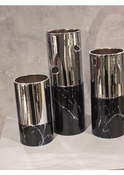 3 Lü Mermer Desenli Mumluk Siyah Krom modelleri