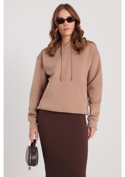 Kadın Oversize Geniş Kesim Pamuklu Yumuşak Dokulu Içi Polarlı Basic Vizon Kapüşonlu Sweatshirt fırsatları