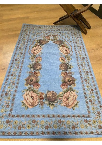 Kınay Gök Mavisi Jakarlı Dokuma Goblen Dekoratif Astarsız Saçaksız Şönilli Seccade 70*115