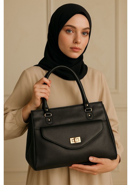 Bellera Ventese Siyah Çok Bölmeli Fermuarlı Tokalı Kadın El Kol ve Omuz Çantası