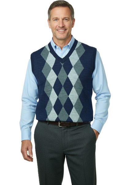 Erkek Kışlık Süveter Rahat Kesim Triko Dokuma V Yaka Klasik Baklava Desenli