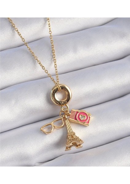 316L Çelik Gold Renk Eyfel Kulesi Fotoğraf Makinesi Figür Charm Model Kadın Kolye