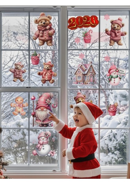 Hoşgeldin 2026 Ayıcık, Pembe Gnome ve Kardan Adam Sticker Seti - Yılbaşı Kapı Dolap Duvar ve Cam Dekoru