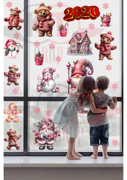 Hoşgeldin 2026 Ayıcık, Pembe Gnome ve Kardan Adam Sticker Seti - Yılbaşı Kapı Dolap Duvar ve Cam Dekoru modelleri