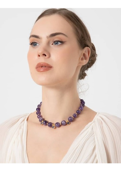 Ametist Taşlı Gold Detaylı Kolye