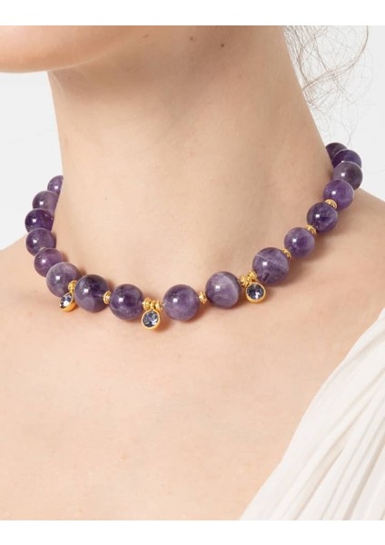 Ametist Taşlı Gold Detaylı Kolye