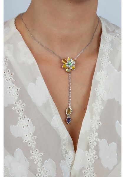 Kristal Taşlı Çiçek Figür Asansör Çelik Kolye modelleri