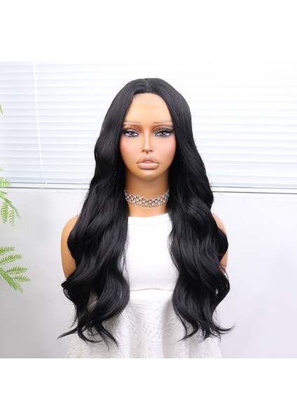 Uzun Siyah Su Dalgalı Fiber Sentetik Tül Peruk modelleri