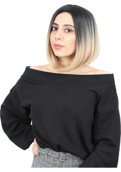 Kahkülsüz Düz Kısa Fiber Sentetik Peruk / Siyah / Balköpüğü Ombreli modelleri