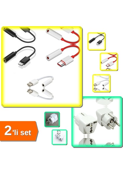 Type C Kulaklık Dönüştürücü Type C To 3.5mm Jack Adaptör + Seyahat Tipi Universal Çoklu Priz-2li Set