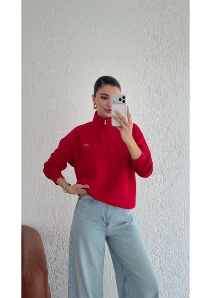 Fermuarlı Kırmızı Selanik Sweat