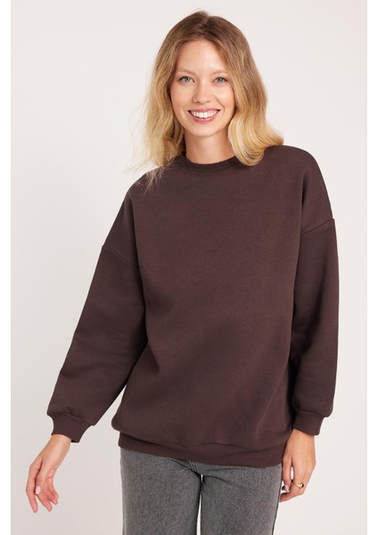 Kadın Oversize Geniş Kesim Pamuklu 3 Iplik Bisiklet Yaka kahverengi Sweatshirt fiyatları
