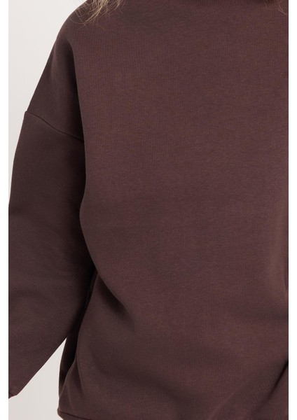 Kadın Oversize Geniş Kesim Pamuklu 3 Iplik Bisiklet Yaka kahverengi Sweatshirt modelleri