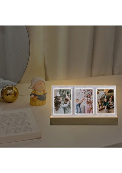 Instax Mini Ahşap Fotoğraf Çerçevesi 3'lü LED Işıklı Masaüstü Kullanım İçin