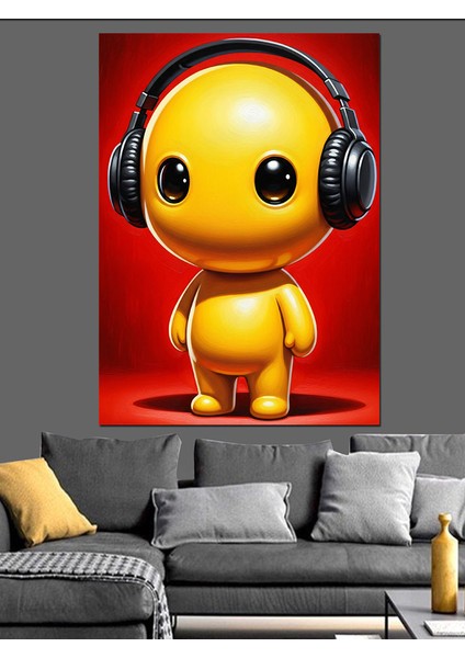 Sarı Robot Kulaklık Takıyor Dekoratif Kanvas - Mdf Ahşap Tablo fiyatları