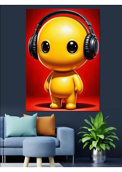 Sarı Robot Kulaklık Takıyor Dekoratif Kanvas - Mdf Ahşap Tablo indirimleri