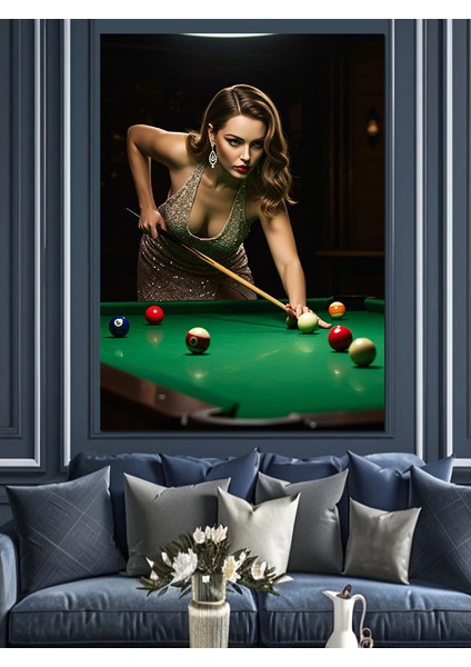 Bilardo Oynayan Pin-Up Kız Dekoratif Kanvas - Mdf Ahşap Tablo