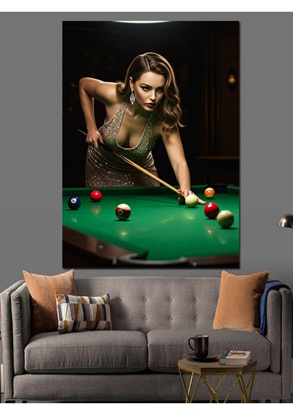 Bilardo Oynayan Pin-Up Kız Dekoratif Kanvas - Mdf Ahşap Tablo fırsatları