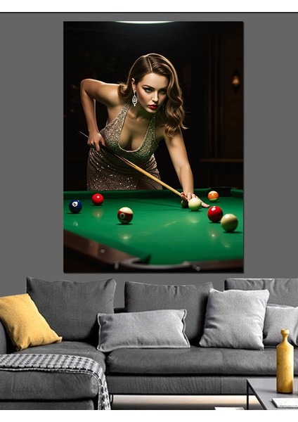 Bilardo Oynayan Pin-Up Kız Dekoratif Kanvas - Mdf Ahşap Tablo indirimleri