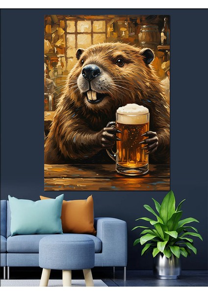 Bira Içen Su Samuru Dekoratif Kanvas - Mdf Ahşap Tablo indirimleri
