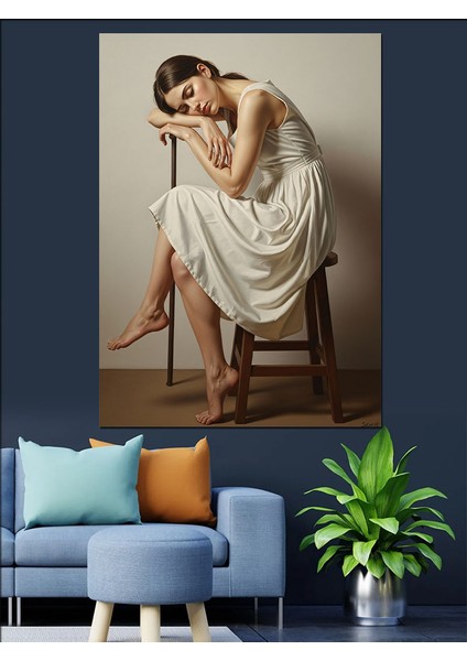 Sandalyede Oturan Üzgün Kadın Dekoratif Kanvas - Mdf Ahşap Tablo fiyatları
