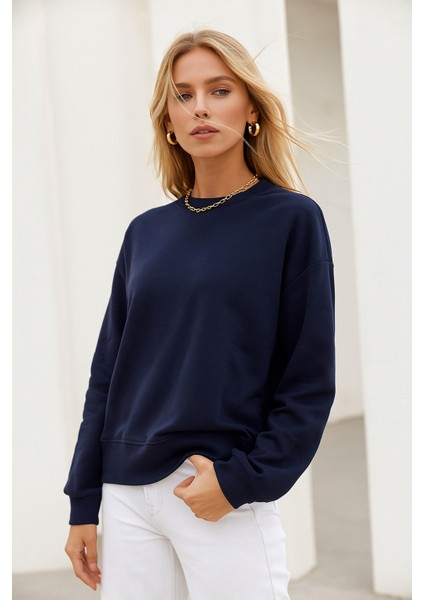 Kadın Lacivert Pamuklu Interlock Oversize Sweatshirt