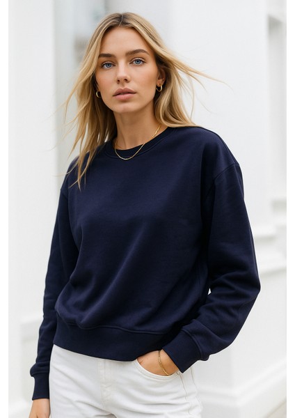 Kadın Lacivert Pamuklu Interlock Oversize Sweatshirt fiyatları