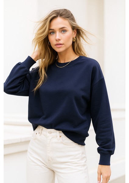 Kadın Lacivert Pamuklu Interlock Oversize Sweatshirt modelleri