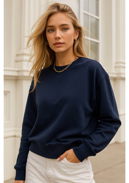 Kadın Lacivert Pamuklu Interlock Oversize Sweatshirt fırsatları