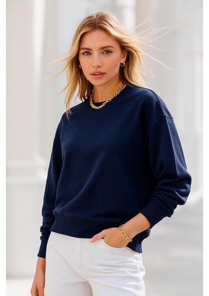 Kadın Lacivert Pamuklu Interlock Oversize Sweatshirt indirimleri