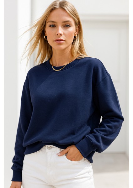 Kadın Lacivert Pamuklu Interlock Oversize Sweatshirt