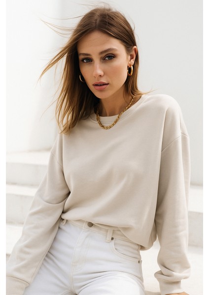 Kadın Bej Pamuklu Interlock Oversize Sweatshirt